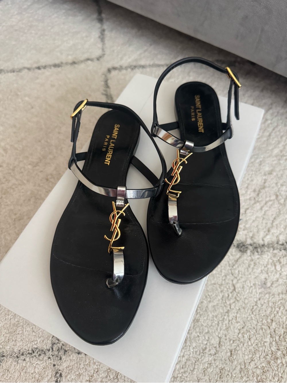 Saint Laurent Black Leather T-Strap Sandals with Gold YSL Logo